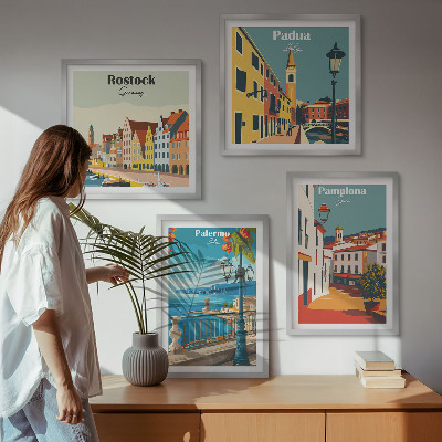 Conjunto de 4 quadros com moldura Ilustrações retrô de cidades