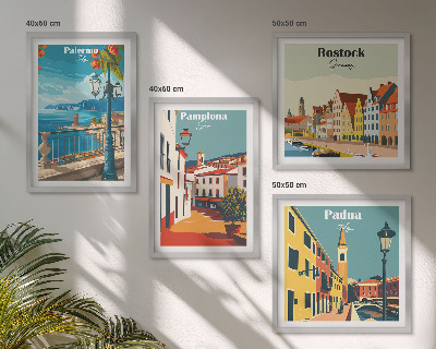 Conjunto de 4 quadros com moldura Ilustrações retrô de cidades