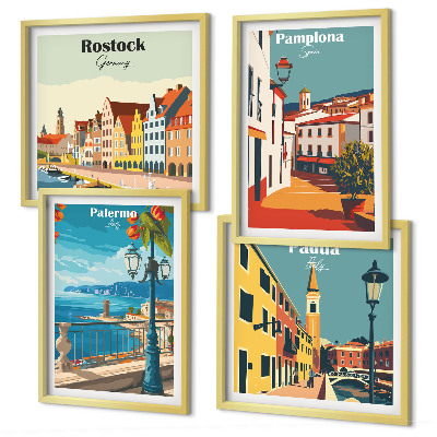 Conjunto de 4 quadros com moldura Ilustrações retrô de cidades