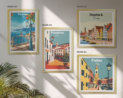 Conjunto de 4 quadros com moldura Ilustrações retrô de cidades