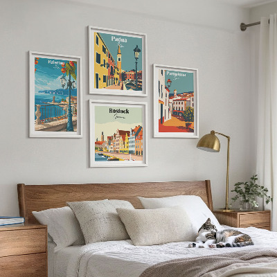 Conjunto de 4 quadros com moldura Ilustrações retrô de cidades