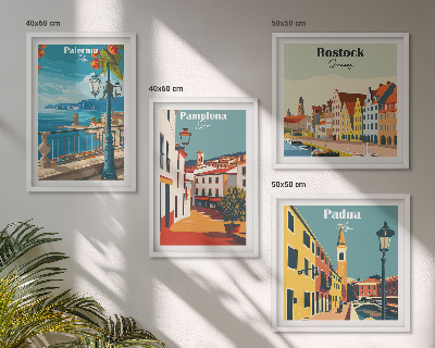 Conjunto de 4 quadros com moldura Ilustrações retrô de cidades