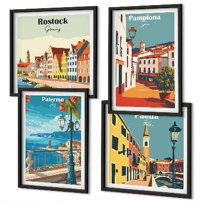 Conjunto de 4 quadros com moldura Ilustrações retrô de cidades
