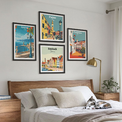 Conjunto de 4 quadros com moldura Ilustrações retrô de cidades