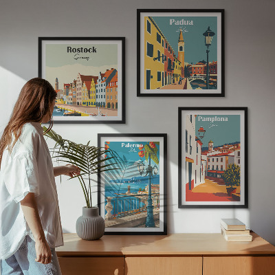 Conjunto de 4 quadros com moldura Ilustrações retrô de cidades