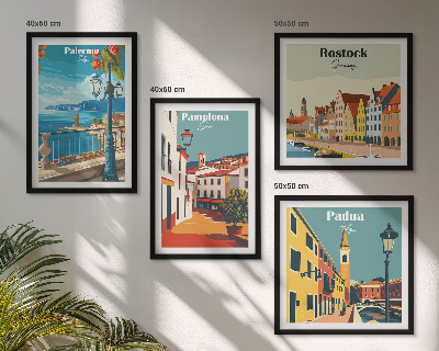 Conjunto de 4 quadros com moldura Ilustrações retrô de cidades