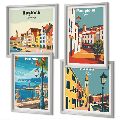 Conjunto de 4 quadros com moldura Ilustrações retrô de cidades