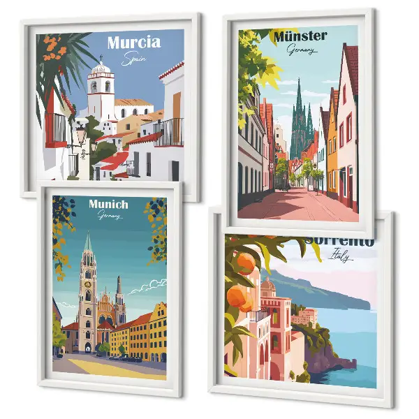 Políptico com moldura ilustrações coloridas de cidades europeias