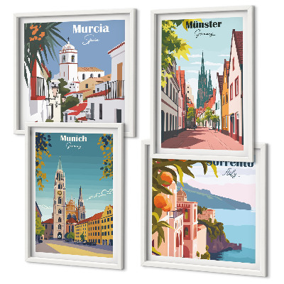 Políptico com moldura Cidades europeias em ilustrações coloridas