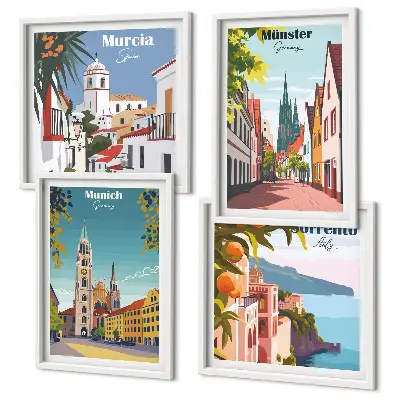 Políptico com moldura ilustrações coloridas de cidades europeias