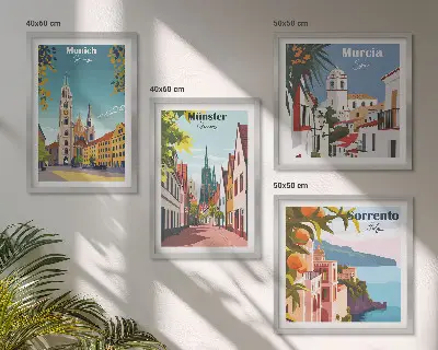 Políptico com moldura ilustrações coloridas de cidades europeias