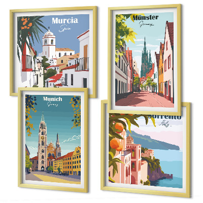 Políptico com moldura Cidades europeias em ilustrações coloridas