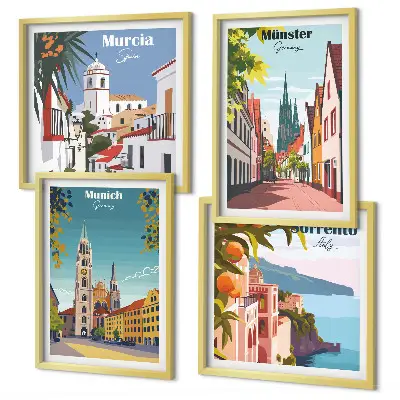 Políptico com moldura ilustrações coloridas de cidades europeias