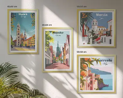 Políptico com moldura ilustrações coloridas de cidades europeias