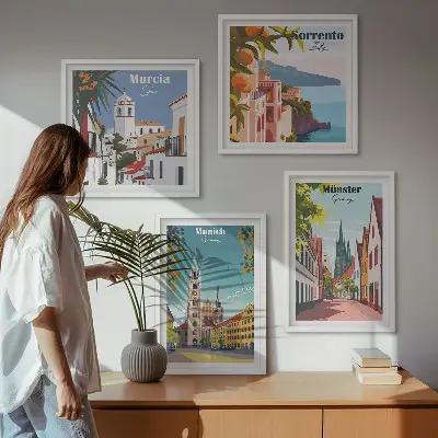 Políptico com moldura ilustrações coloridas de cidades europeias