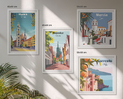 Políptico com moldura Cidades europeias em ilustrações coloridas