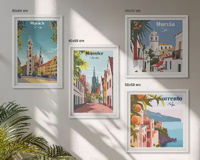 Políptico com moldura ilustrações coloridas de cidades europeias
