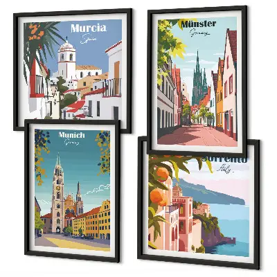 Políptico com moldura ilustrações coloridas de cidades europeias