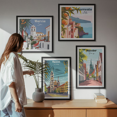 Políptico com moldura Cidades europeias em ilustrações coloridas