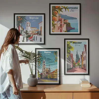 Políptico com moldura ilustrações coloridas de cidades europeias