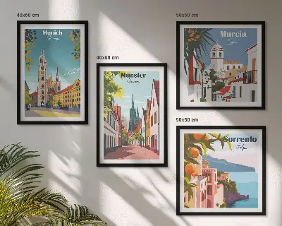 Políptico com moldura ilustrações coloridas de cidades europeias
