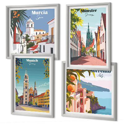 Políptico com moldura Cidades europeias em ilustrações coloridas
