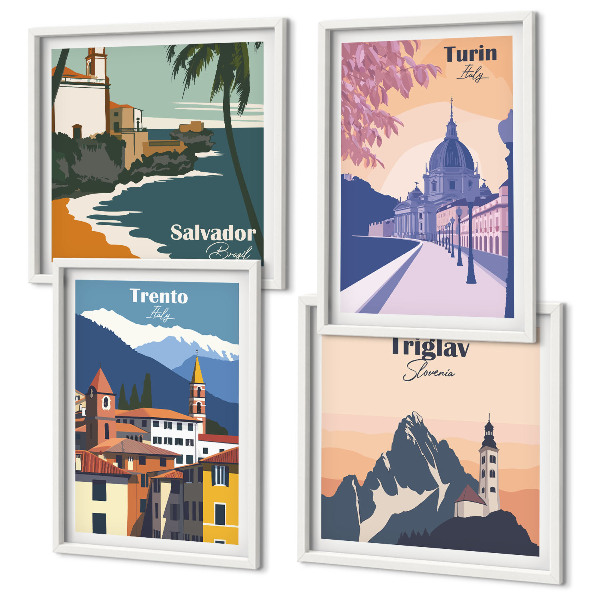 Conjunto de 4 quadros com moldura Ilustrações de arquitetura retrô de montanha
