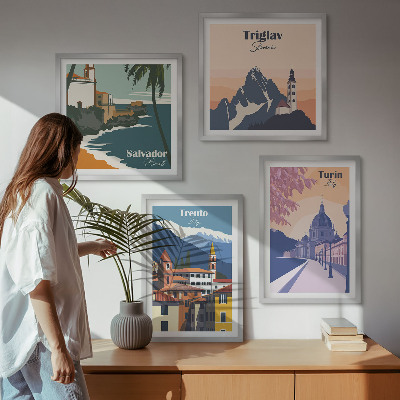 Conjunto de 4 quadros com moldura Ilustrações de arquitetura retrô de montanha
