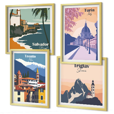 Conjunto de 4 quadros com moldura Ilustrações de arquitetura retrô de montanha