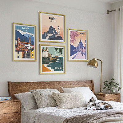 Conjunto de 4 quadros com moldura Ilustrações de arquitetura retrô de montanha