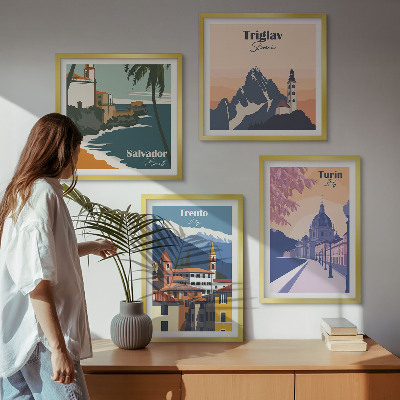 Conjunto de 4 quadros com moldura Ilustrações de arquitetura retrô de montanha