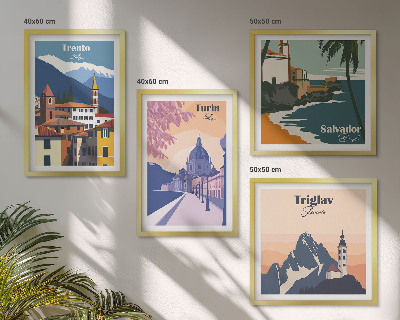 Conjunto de 4 quadros com moldura Ilustrações de arquitetura retrô de montanha