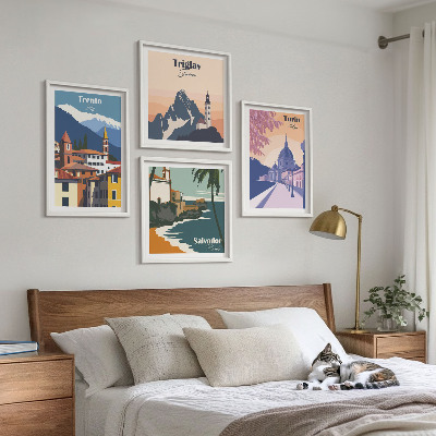 Conjunto de 4 quadros com moldura Ilustrações de arquitetura retrô de montanha