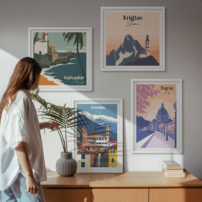 Conjunto de 4 quadros com moldura Ilustrações de arquitetura retrô de montanha