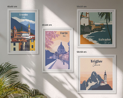 Conjunto de 4 quadros com moldura Ilustrações de arquitetura retrô de montanha