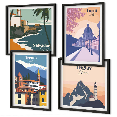 Conjunto de 4 quadros com moldura Ilustrações de arquitetura retrô de montanha