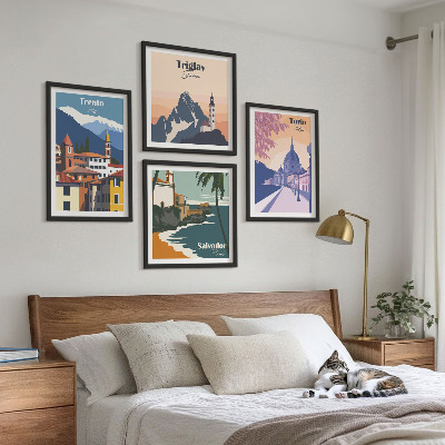 Conjunto de 4 quadros com moldura Ilustrações de arquitetura retrô de montanha