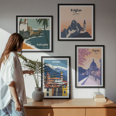 Conjunto de 4 quadros com moldura Ilustrações de arquitetura retrô de montanha