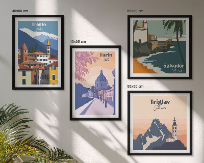 Conjunto de 4 quadros com moldura Ilustrações de arquitetura retrô de montanha