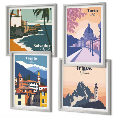 Conjunto de 4 quadros com moldura Ilustrações de arquitetura retrô de montanha