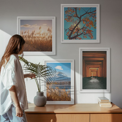 Conjunto de 4 quadros com moldura paisagens naturais japonesas