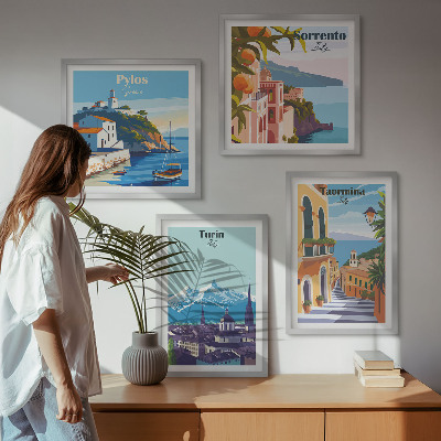 Políptico com moldura Ilustrações coloridas de cidades retrô.
