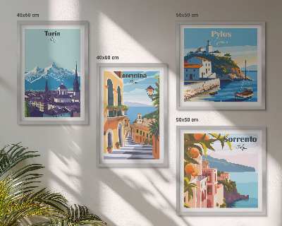 Políptico com moldura Ilustrações coloridas de cidades retrô.