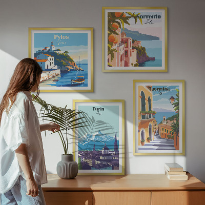 Políptico com moldura Ilustrações coloridas de cidades retrô.