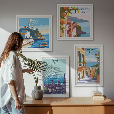 Políptico com moldura Ilustrações coloridas de cidades retrô.