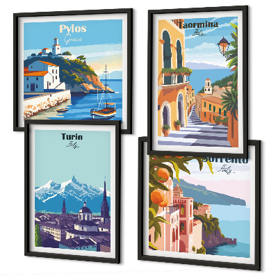 Políptico com moldura Ilustrações coloridas de cidades retrô.