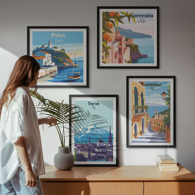 Políptico com moldura Ilustrações coloridas de cidades retrô.