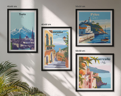 Políptico com moldura Ilustrações coloridas de cidades retrô.