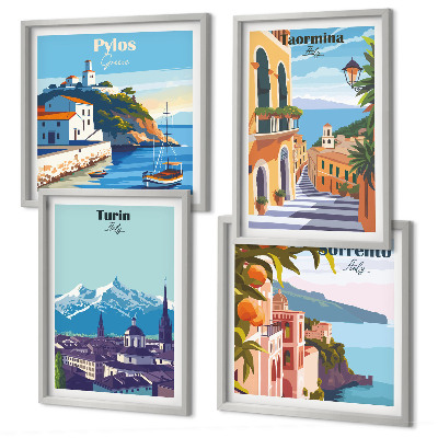 Políptico com moldura Ilustrações coloridas de cidades retrô.