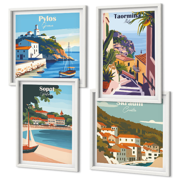 Conjunto de 4 quadros com moldura Ilustrações de cidades litorâneas